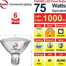Explux Commercial-Grade LED PAR30 Short Neck Flood Light Bulbs, 75W Equivalent, 40000 Hours, Dimmable, Full-Glass Waterproof & Anti-Ageing, Daylight 5000K, 6-Pack