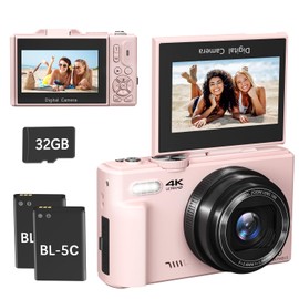 4K Digital Camera, 64MP Compact Vlogging Camera for Photography with WiFi and 3" 180° Flip Screen, 18X Digital Zoom, Ideal for YouTube Creators, Includes 2 Batteries & 32GB Micro SD Card, Pink