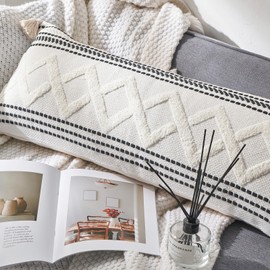 BOHOYUMI Boho Long Lumbar Pillow Cover 14x36inch, Decorative Throw Pillow Cover with Tassels, Bohemian Textured Body Pillow Cover for Bed Sofa Living Room (Cover ONLY)