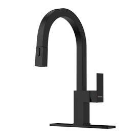 DAYONE Square Kitchen Faucet Matte Black, Modern Pull-Out Kitchen Sink Faucet with Spray, Stainless Steel Single Handle Faucet for Kitche Sink, with Square Deck Plate