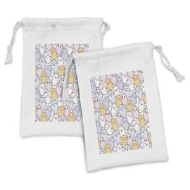 Lunarable Cartoon Fabric Pouch Set of 2, Kawaii Ghosts with Various Facial Expressions Happy Scary Angry Smiling Fun, Small Drawstring Bag for Toiletries Masks and Favors, 9" x 6", Multicolor