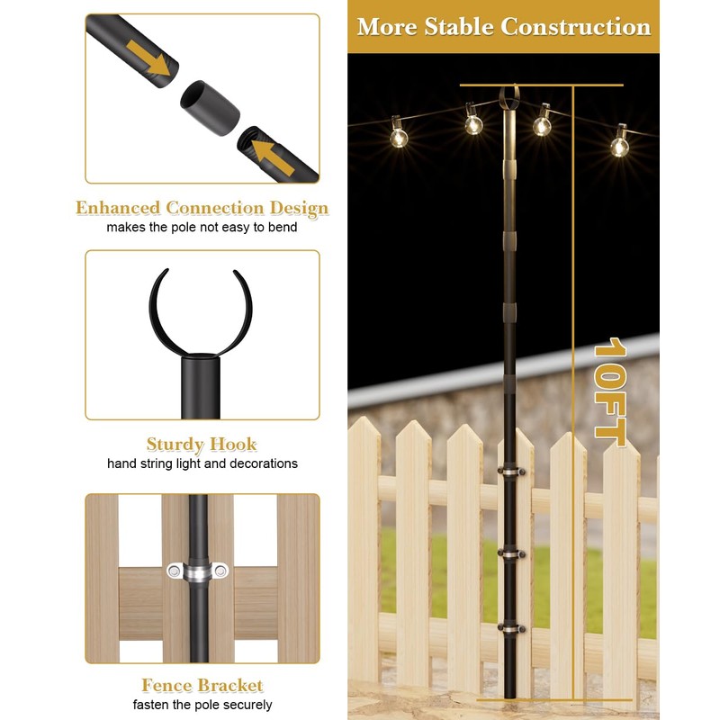 Tigerden 10Ft String Light Poles for Fence & Deck Railing,