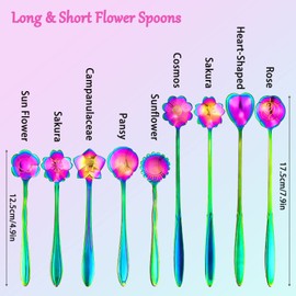 LEEFONE Juego de 9 cucharas de acero inoxidable para flores, 2 longitudes diferentes, cuchara de postre reutilizables, cuchara de té, cuchara de helado, cuchara de café, cuchara de azúcar y postre (arco iris)