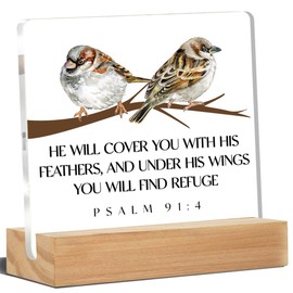 Bible Verse Desk Decor Christian Gifts Scripture Birds Psalm 91 He Will Cover You with His Feathers Acrylic Sign Home Office Decoration