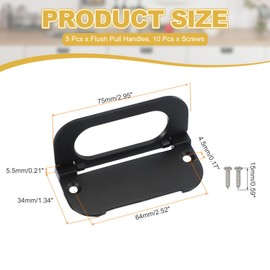 PATIKIL 2.9 Inch (75mm) Flush Ring Pull 5 Pcs Low Profile Drawer Pull Zinc Alloy Flip Drawer Handle with Screws for Furniture Closets Dressers, Black