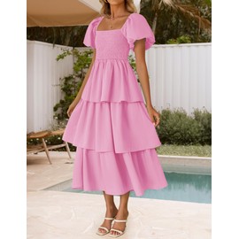 ZESICA Women's 2025 Summer Boho Midi Dress Short Puff Sleeve Flowy A Line Tiered Beach Vacation Long Dresses,Pink,Medium