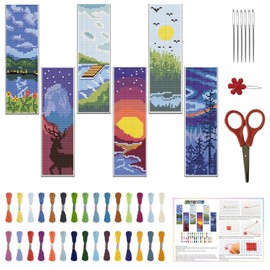 FREEBLOSS 6 Set Cross Stitch Bookmark Kit Scenery Pattern with 30 Colors Embroidery Floss DIY Bookmark Kit with Instruction Embroidery Kit for Beginners 8''x2.4''