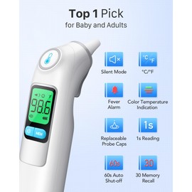 Femometer Family Ear Thermometer, Highly Accurate Ear Thermometer for Kids, Adults and Babies, 30 Memory Recall, 1s Result and 3-Color Fever Alert, with 24 Disposable Probe Covers, White