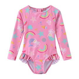 Toddler Girls One Piece Swimsuits Long Sleeve Bathing Suits UPF 50+/Sun Protection Rash Guard Shirts 5T