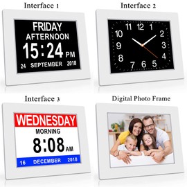 SINOIDEAS Calendar Memory Loss Day Clock with Digital Photo Frame, Extra Large Non-Abbreviated Day & Month, 8 Inch White