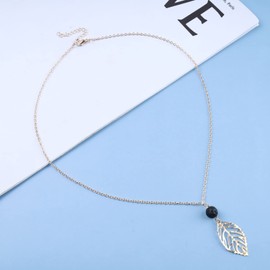 Cimenexe Bohemian Leaf Pendant Necklace Black Volcanic Beads Hollow Leaf Y Necklace Leaf Y Drop Choker Necklace Lava Stone Necklace Choker Jewellery for Women and Girls