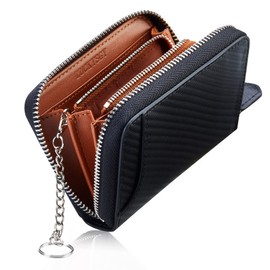 Men's Genuine Leather Coin Case, Mini Wallet, 8 Card Slots, Key Ring, Small Wallet, Compact, Carbon Leather (Carbon Black x Brown)