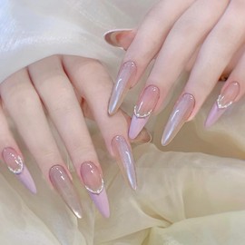 MERVF Long Stiletto Press on Nails Light Purple Fake Nail Cat Eye Glue ons 3D Pearls Design Almond Acrylic Glitter Manicure Glossy 24pcs
