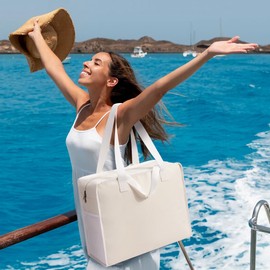 DIXEIGHT Utility Tote Beach Bag Waterproof Sandproof Women 38L Large Travel Shoulder Handbag Pool Bag Top Zipper Foldable Bottom Board, Beige