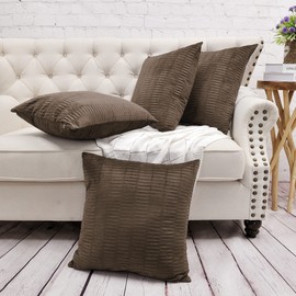 BYTIDE Pleated Striped Velvet Decorative Square Throw Pillow Covers 20 x 20 Inches Set of 4, Soft Chic Cushion Cases Pillowcases Pillowslips for Couch Bed Sofa Car Bedroom Living Room, Brown