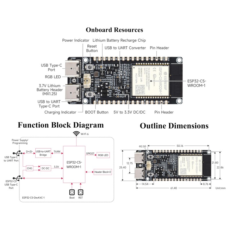 ESP32-C5 5GHz/2.4GHz Dual-Band Wi-Fi 6 Development Board, 240MHz RISC-V Processor,Onboard