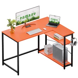 Pamray 43 Inch L Shaped Computer Desk with Reversible Side Storage Shelves, Small Corner Desk for Small Space Home Office,Writing Study PC Table for Bedroom,Orange