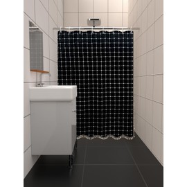 Farmhouse Black Stripe Shower Curtain Boho Gingham Patchwork Fabric Bathroom Curtain Rustic Country Chic Heavy Duty Bath Curtain Set with Tassel - Bohemian Cloth Shower Curtain with Hooks 71x71 Inch