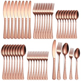 A · HOUSEWARE Hammered Silverware Copper/Rose Gold Flatware Set 40 Piece Service for 8 Stainless Steel Knives Forks Spoons Creative Handle Eating Utensils for Festival Parties Kitchen Daily Use