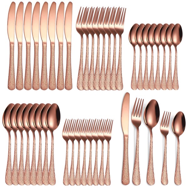 A · HOUSEWARE Hammered Silverware Copper/Rose Gold Flatware Set 40