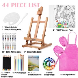 Falling in Art Tabletop Easel Set, Portable Wooden Art Easel Painting Kits for Kids, Easel for Painting Canvases, Including 12 Colors Acrylic Paints, 10 Paintbrushes and 4 Canvas Panels, Pink