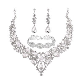 TOEECY Wedding Jewellery Set Bridal Jewellery Set Rhinestone Crystal Necklace Bracelet Pendant Earring Set Wedding Engagement Bride Bridesmaid, Metal