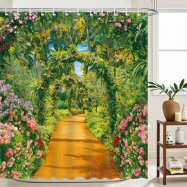Avezano Garden Shower Curtain Outdoor Flower Green Tree Landscape Bathroom Shower Curtain Garden Scene Waterproof Fabric Shower Curtains Bathtub Decor with 12 Hooks 72 X 72 Inch