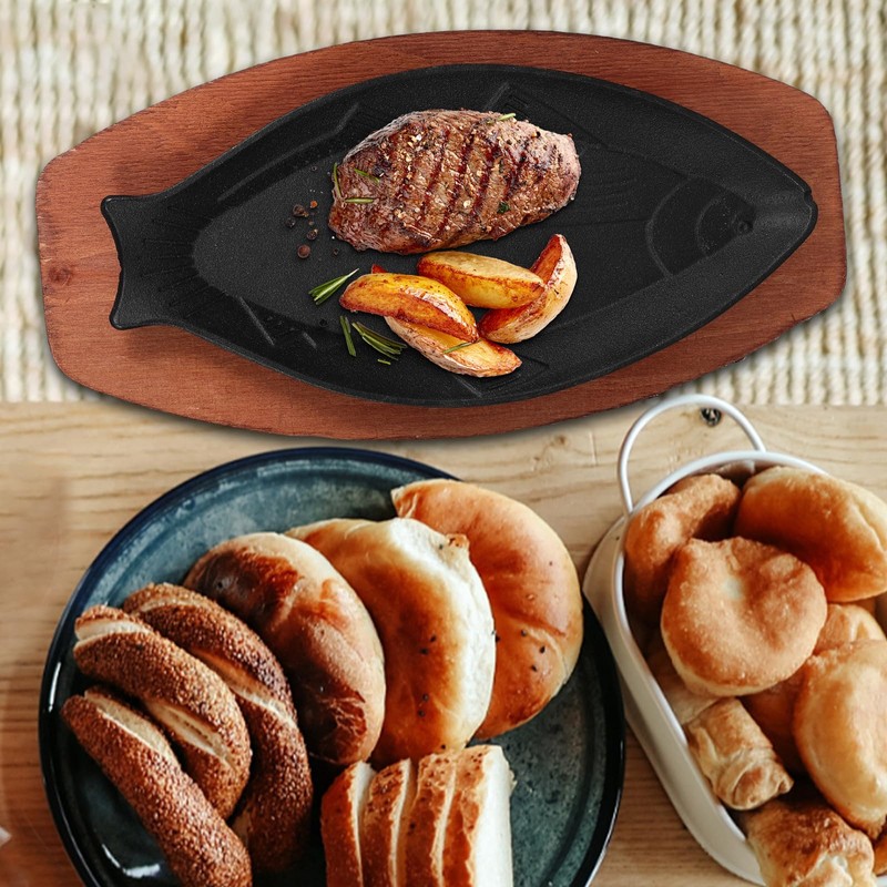 DOITOOL Cast Iron Fish Pan: Cast Iron Skillet with Wooden