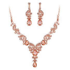 EVER FAITH Women Crystal Wedding Floral Wave Teardrop Necklace Earrings Set Peach Gold-Tone