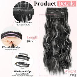 KooKaStyle Clip in Hair Extensions Long Wavy 4PCS Thick Hairpieces Synthetic Highlight Hair Extensions Black and White Mix Fiber Double Weft Natural 20Inch for Women
