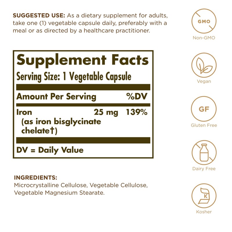 Solgar Gentle Iron (Iron Bisglycinate) 25 mg - 90 Vegetable