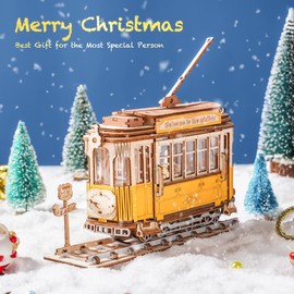 ROBOTIME Tram 3D Wooden Puzzle Wooden Model Building Kit Puzzle Games Wooden Model Kits for Adults Laser Cut Puzzle Craft Sets