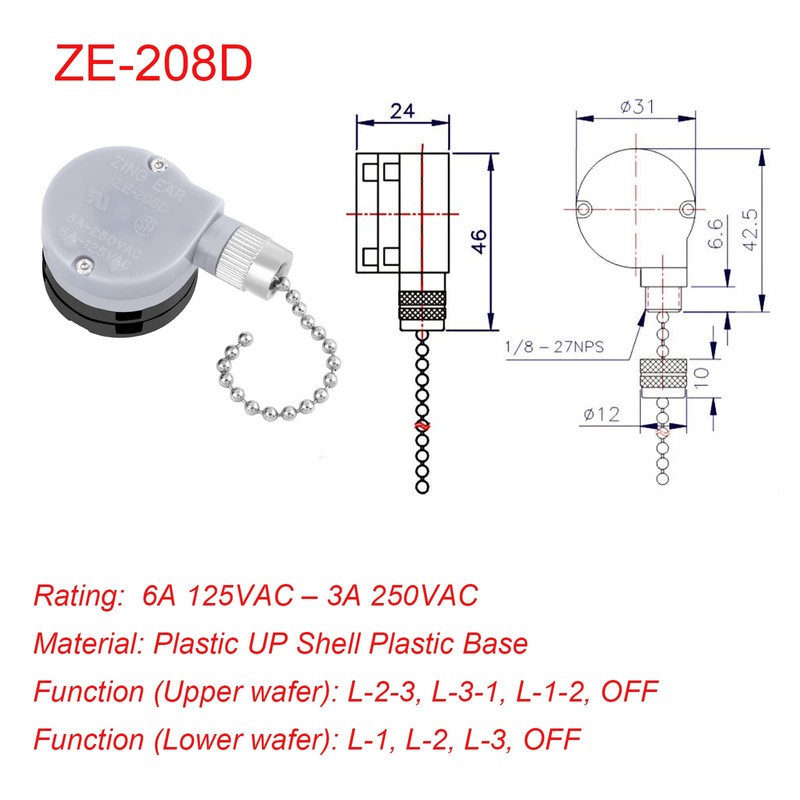 Ceiling Fan Switch ZE-208D, 3 Speed 5-8 Wire Ceiling Fan