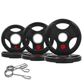 【3-Pack】2.5 5 10 LB Bumper Plates Weight Set with Spring Collars - 2" Olympic Grip Plates, Rubber Encased Iron Weights for Home Gym, Deadlift