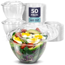 Fit Meal Prep 50 Pack 48 oz Disposable Plastic Clear Salad Bowls with Airtight Lids - To Go for Lunch, Takeout, Party, Catering, Picnic