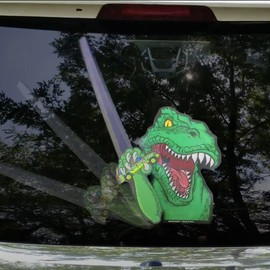 WiperTags T-Rex Waving Arm with Car with Decal attaches to Rear Vehicle Wiper Blades