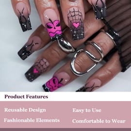 Halloween Long Square Press on Nail - Black Fake Nails - Flame Spider False Nail Design - Women's Stick on Nails - T-Shape Gothic Nails
