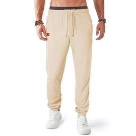 JMIERR Men's Waffle Sweatpants with Pockets Tapered Joggers Drawstring Athletic Track Pants for Workout, 2XL, Apricot