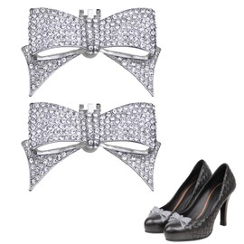 2 Pieces Removable Bow Silver Shoe Clips, Bow Shoe Clip, Removable Shoe Clips for Wedding, Prom, Party, High Heels, Bridal Shoe (Silver)