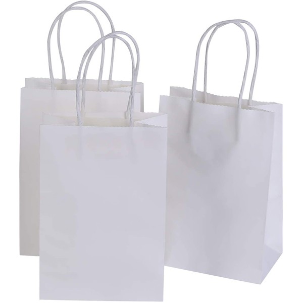 Ronvir 5.25 x 3.75 x 8 Inches Small Kraft White Paper Bags with Handles, Shopping, Grocery, Mechandise, Party Bags (100pc)