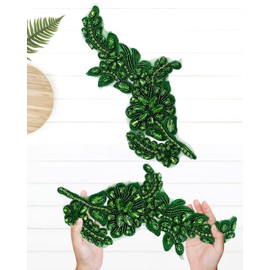 1 Pair Handmade Flower Rhinestone Applique for Clothes, Crystal Fabric Patches for Wedding Dress, Bling Beaded Embroidery Lace Applique for Hat Hairband Sewing Embellishment (Green)