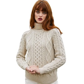 SAOL Women's Wool Sweater Irish Cable Knit Jumper Made in Ireland (Parsnip, Large)