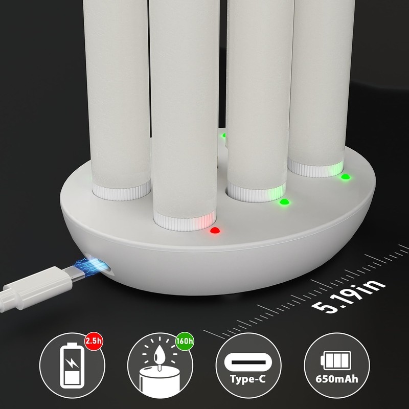 Patiphan Rechargeable Flameless Taper Candles with Charging Station, 6 Pcs