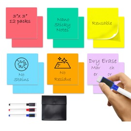 RFD VICTORY Reusable Sticky Notes, Dry Erase Sticky Notes, 3x3 Inch, 12 Pack in 12 Vibrant Colors, Eco-Friendly Reusable Post It Notes for Home, Office, and School