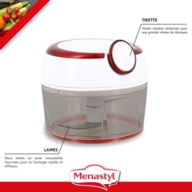 MENASTYL - Alix Mini-Zerkleinerer, manuell, rot, 5 Sekunden – 5040175 – Zerkleinern, Schneiden & Mischen von Gemüse, Fleisch, Zwiebeln; gebogene Edelstahlklingen, rot