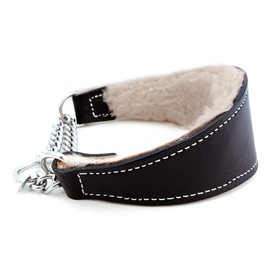Sheepskin Lined Leather Martingale Dog Collar 1.75in Wide by 14in - Black