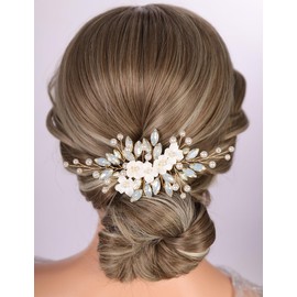 Rumtock Opal Wedding Bridal Hair Comb with Pearl White Flower Hair Piece for Women Special Occasion Hair Jewelry (Gold and Opal)