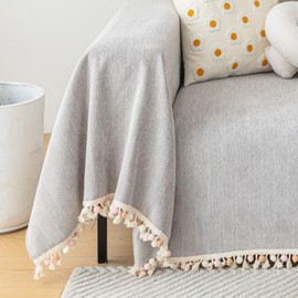 HANDONTIME Grey Sofa Cover for Couch Boho Couch Cover for 3 Seat Couch Dog Couch Cover Love Seat Couch Covers Light Grey Sofa Sectional Cover 71" X134" Tassel Chenille Herringbone Sofa Covers