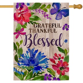 Hzppyz Grateful Thankful Blessed House Flag, Spring Summer Home Decorative Large Outdoor Flag Butterfly Flower Sign, Farmhouse Fall Autumn Garden Yard Lawn Outside Decoration Double Sided Decor 28x40