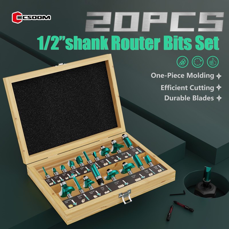 CSOOM 20PCS Router Bits Set, 1/2 Shank, with 2* Batch